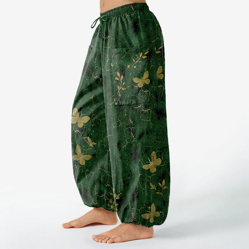Buddha Stones Pantaloni harem da donna in cotone con elastico in vita e motivo a farfalle botaniche, con tasche laterali. - image 1