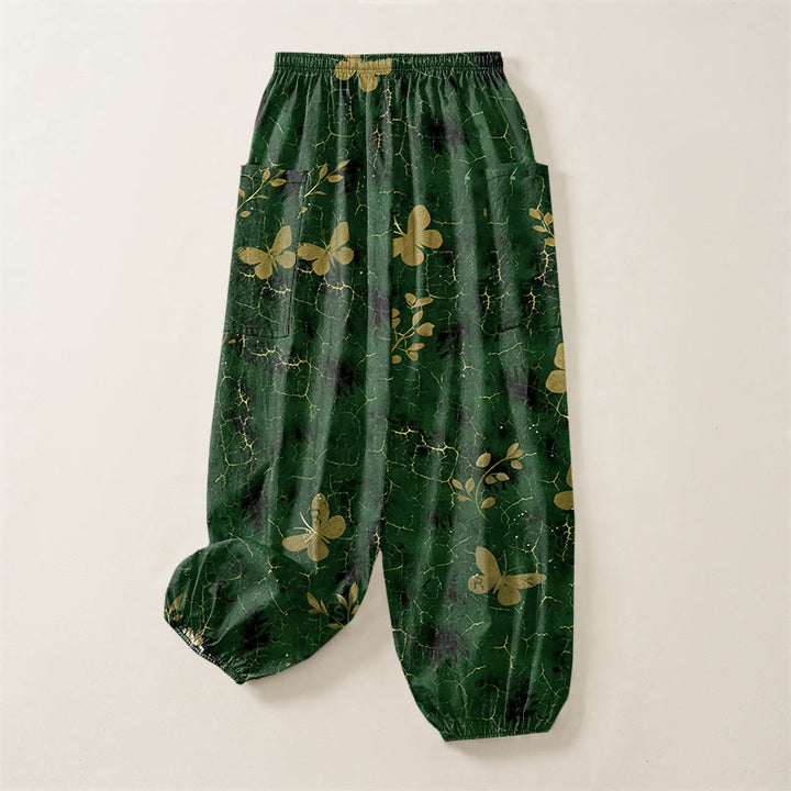 Buddha Stones Pantaloni harem da donna in cotone con elastico in vita e motivo a farfalle botaniche, con tasche laterali. - image 4
