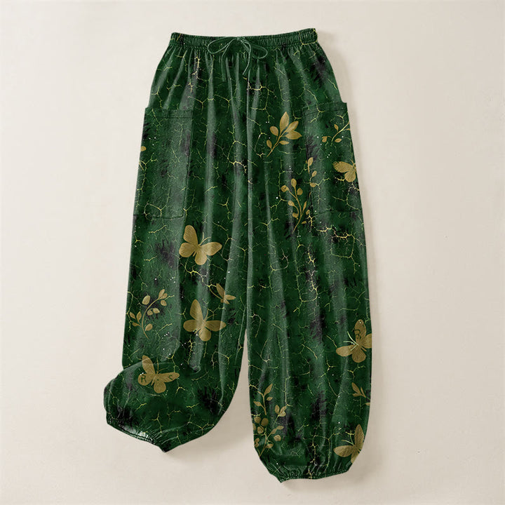 Buddha Stones Pantaloni harem da donna in cotone con elastico in vita e motivo a farfalle botaniche, con tasche laterali. - image 3