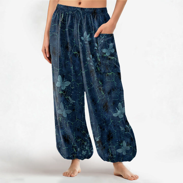 Buddha Stones Pantaloni harem da donna in cotone con elastico in vita e motivo a farfalle botaniche, con tasche laterali. - Marina - US16, UK/AU20, EU48 (3XL) - image 10