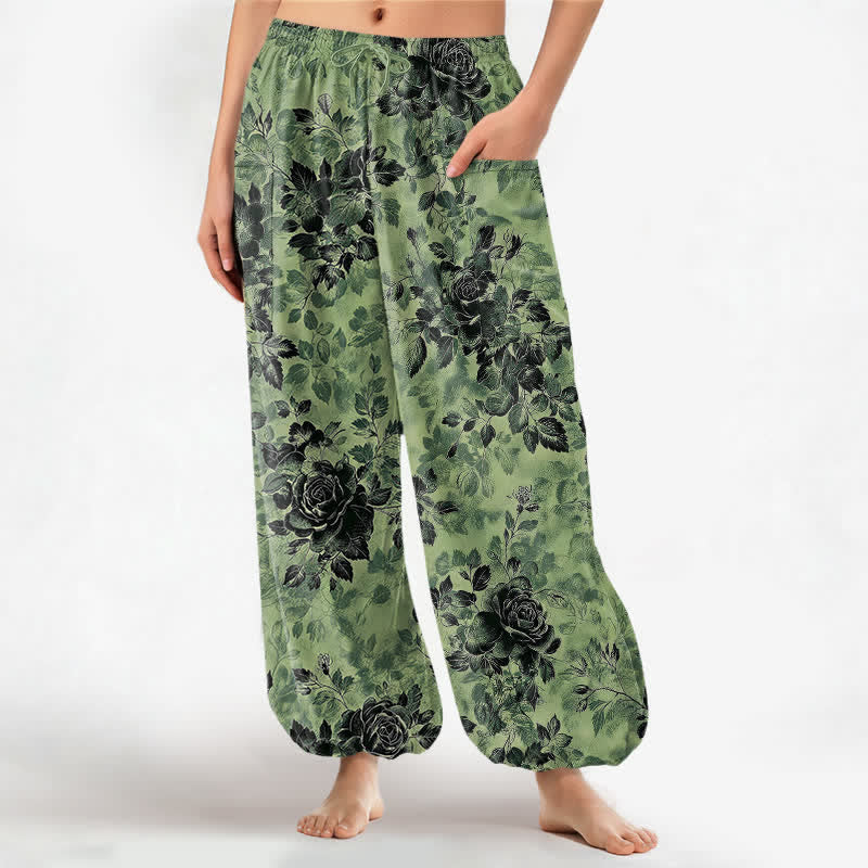 Buddha Stones Pantaloni harem da donna in cotone vintage con fantasia floreale nera, vita elasticizzata e tasche laterali. - Verde chiaro - US16, UK/AU20, EU48 (3XL) - image 0