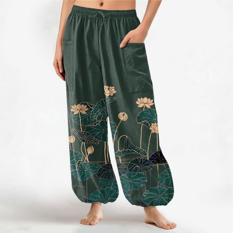 Buddha Stones Pantaloni harem da donna in cotone con motivo giardino di loto zen e vita elasticizzata, con tasche laterali. - Verde scuro - US16, UK/AU20, EU48 (3XL) - image 0