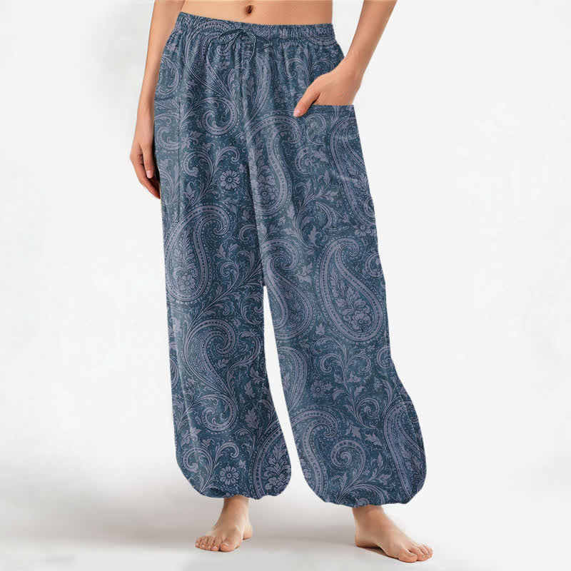 Buddha Stones Pantaloni harem da donna in cotone con motivo paisley vintage, elastico in vita e tasche laterali. - SteelBlue - US16, UK/AU20, EU48 (3XL) - image 0