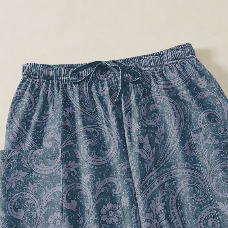 Buddha Stones Pantaloni harem da donna in cotone con motivo paisley vintage, elastico in vita e tasche laterali. - image 5