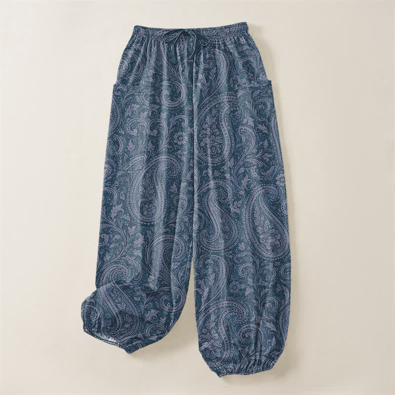 Buddha Stones Pantaloni harem da donna in cotone con motivo paisley vintage, elastico in vita e tasche laterali. - image 3