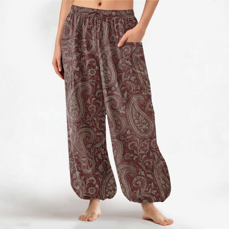 Buddha Stones Pantaloni harem da donna in cotone con motivo paisley vintage, elastico in vita e tasche laterali. - Marrone - US16, UK/AU20, EU48 (3XL) - image 7