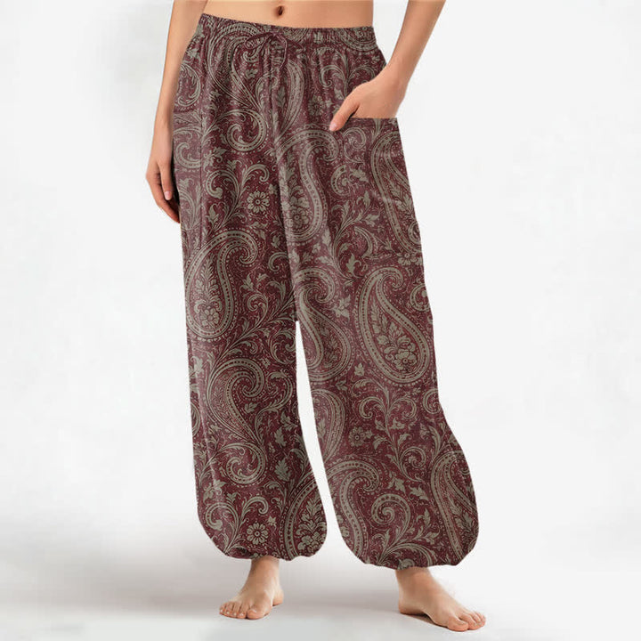Buddha Stones Pantaloni harem da donna in cotone con motivo paisley vintage, elastico in vita e tasche laterali. - Marrone - US16, UK/AU20, EU48 (3XL) - image 7