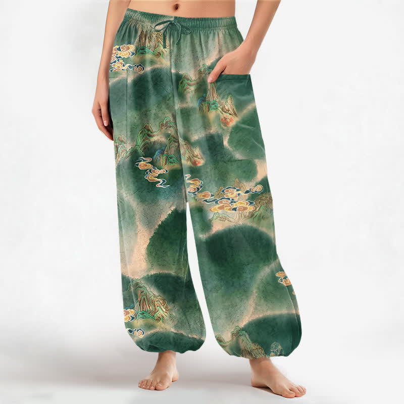 Buddha Stones Pantaloni harem da donna in cotone con elastico in vita e motivo paesaggistico nebbioso, con tasche laterali. - Verde mare - US16, UK/AU20, EU48 (3XL) - image 0