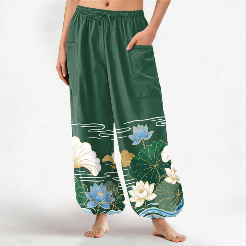 Buddha Stones Pantaloni harem da donna in cotone con motivo a foglie di loto e onde, vita elasticizzata e tasche laterali. - Verde studentesco - US16, UK/AU20, EU48 (3XL) - image 0