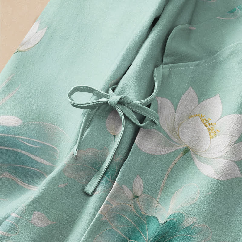 Buddha Stones Camicia da donna a maniche lunghe, stile Hanfu, con scollo a V e allacciatura, in cotone, con stampa di loto e carpe koi. - image 3