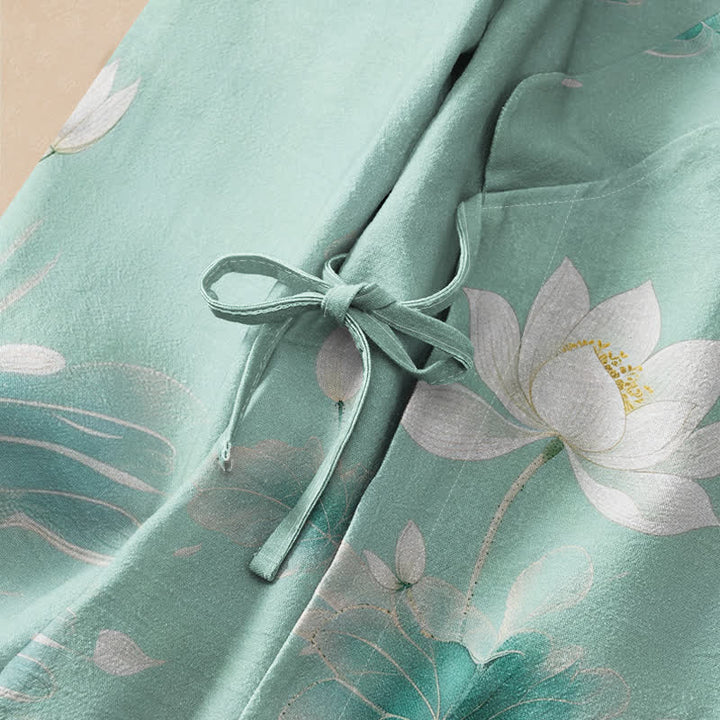 Buddha Stones Camicia da donna a maniche lunghe, stile Hanfu, con scollo a V e allacciatura, in cotone, con stampa di loto e carpe koi. - image 3