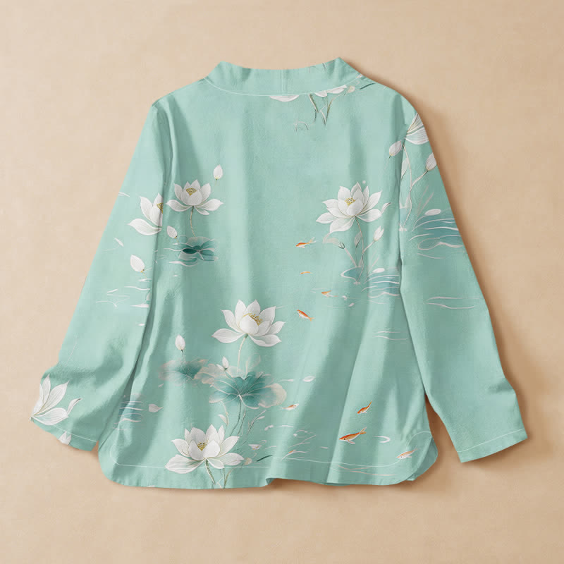 Buddha Stones Camicia da donna a maniche lunghe, stile Hanfu, con scollo a V e allacciatura, in cotone, con stampa di loto e carpe koi. - image 1