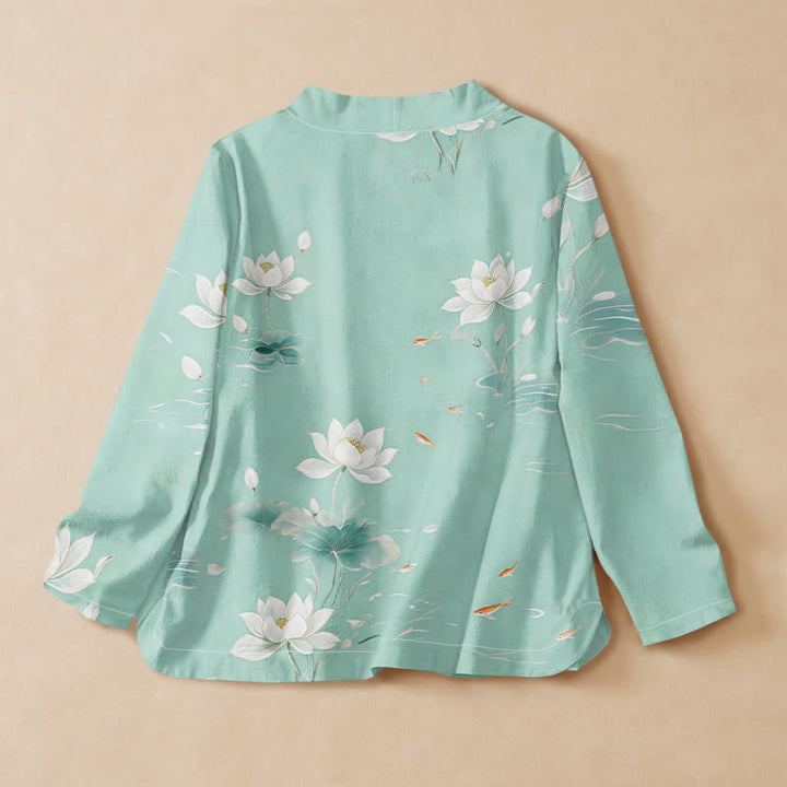 Buddha Stones Camicia da donna a maniche lunghe, stile Hanfu, con scollo a V e allacciatura, in cotone, con stampa di loto e carpe koi. - image 1