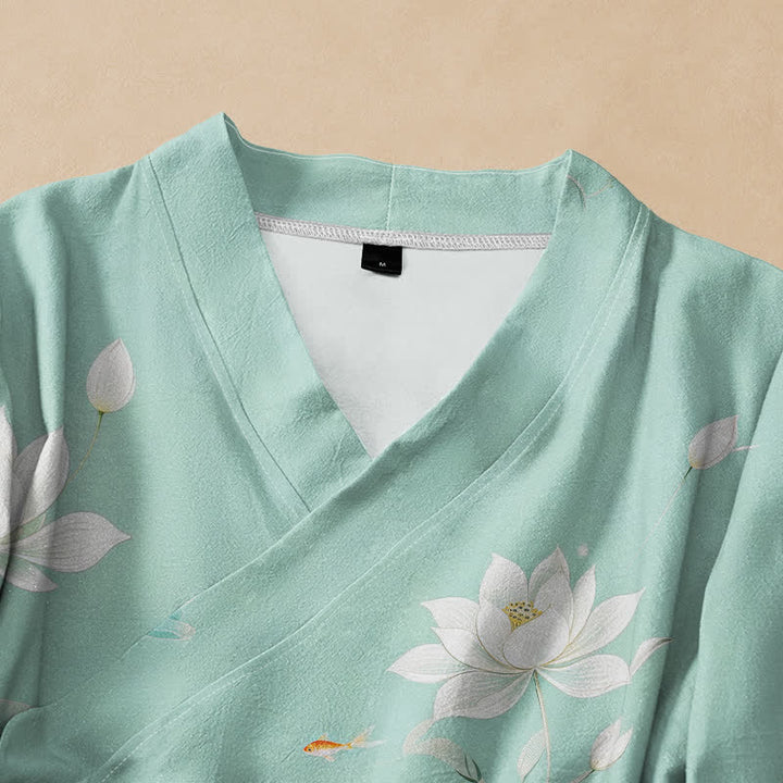 Buddha Stones Camicia da donna a maniche lunghe, stile Hanfu, con scollo a V e allacciatura, in cotone, con stampa di loto e carpe koi. - image 2