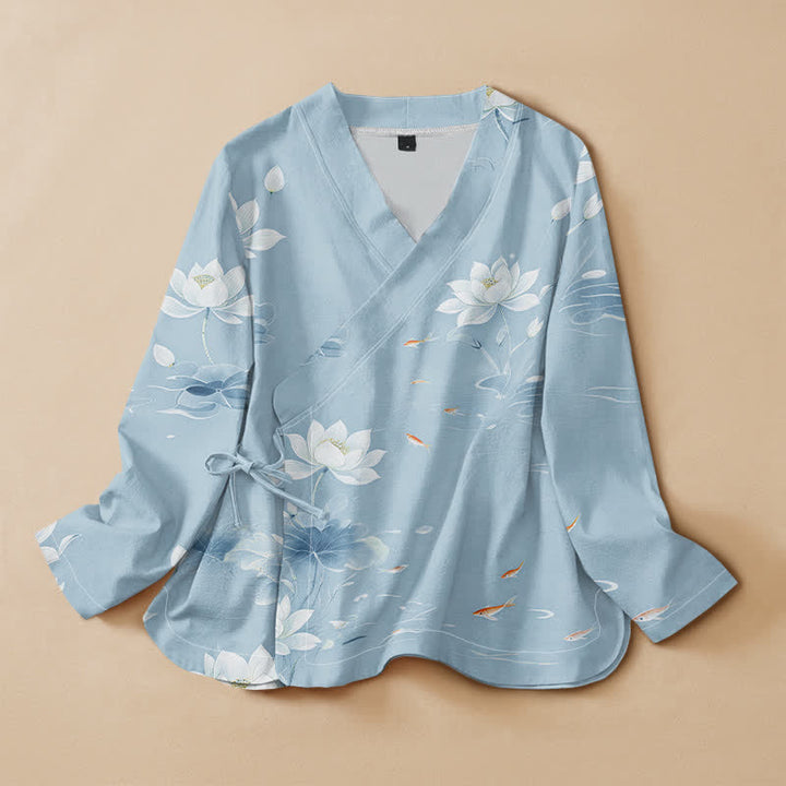 Buddha Stones Camicia da donna a maniche lunghe, stile Hanfu, con scollo a V e allacciatura, in cotone, con stampa di loto e carpe koi. - Azzurro chiaro - US16, UK/AU20, EU48 (3XL) - image 5