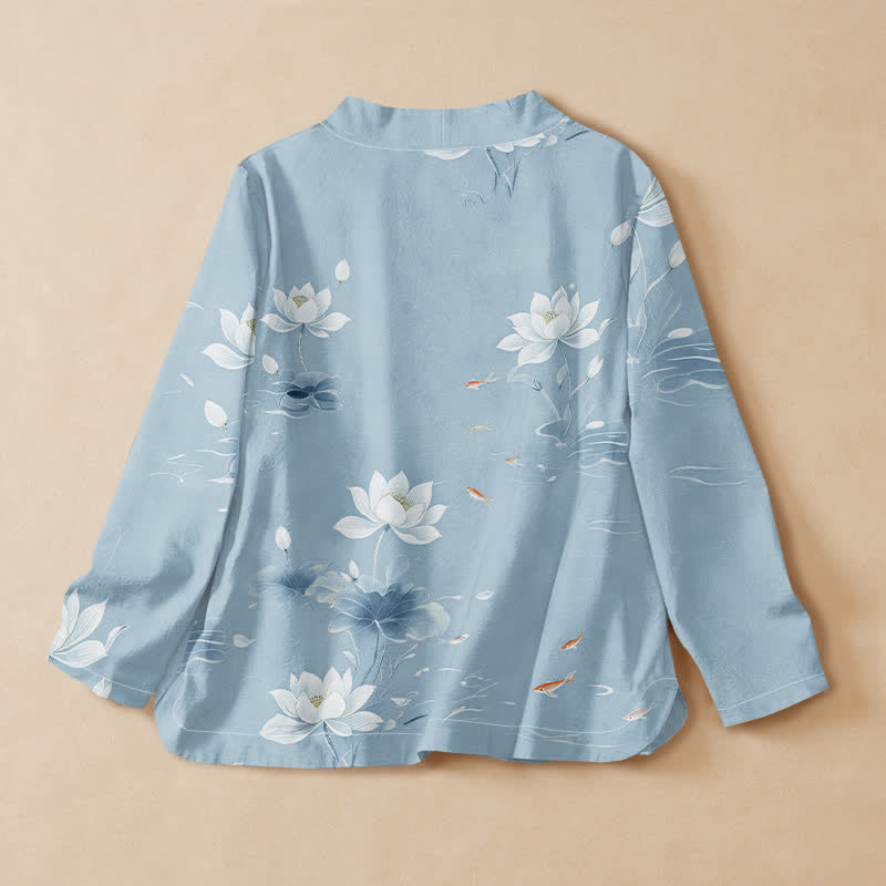 Buddha Stones Camicia da donna a maniche lunghe, stile Hanfu, con scollo a V e allacciatura, in cotone, con stampa di loto e carpe koi. - image 6