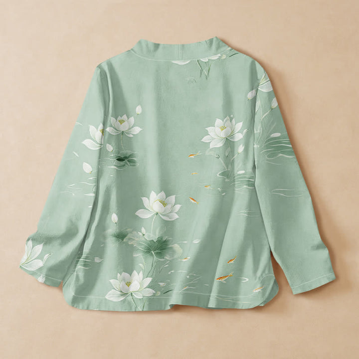 Buddha Stones Camicia da donna a maniche lunghe, stile Hanfu, con scollo a V e allacciatura, in cotone, con stampa di loto e carpe koi. - image 8
