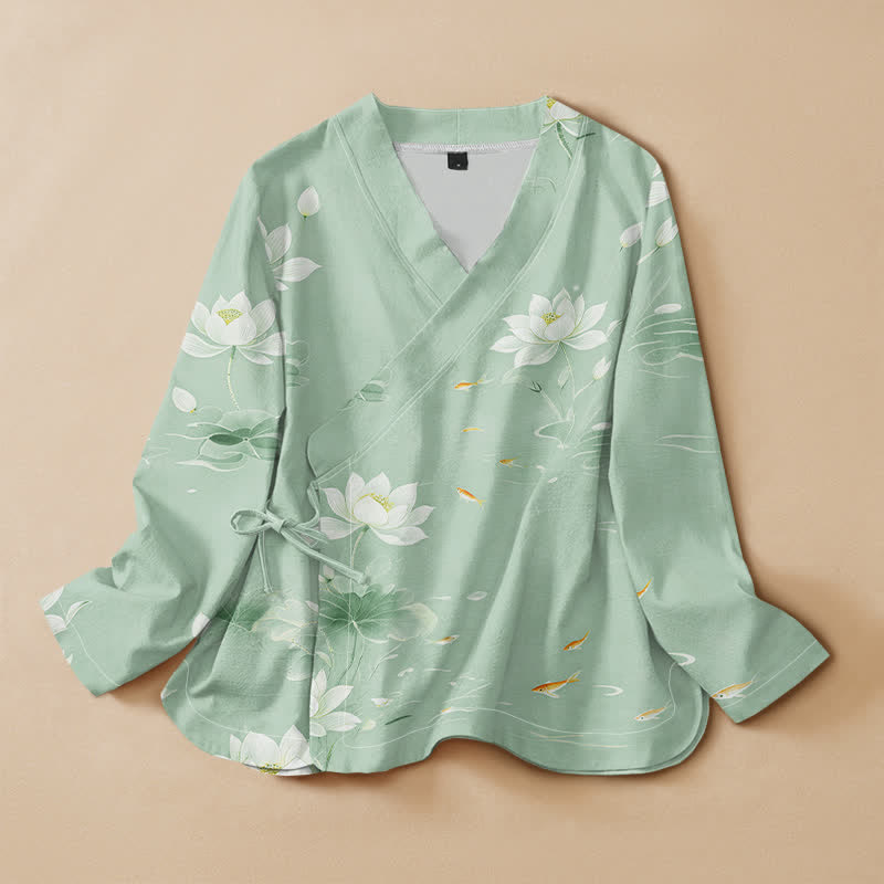Buddha Stones Camicia da donna a maniche lunghe, stile Hanfu, con scollo a V e allacciatura, in cotone, con stampa di loto e carpe koi. - Verde pallido - US16, UK/AU20, EU48 (3XL) - image 7