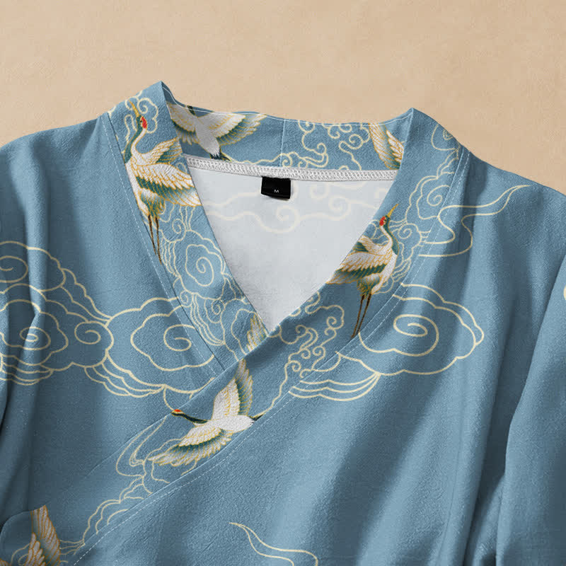 Buddha Stones Camicia da donna a maniche lunghe con scollo a V e allacciatura, in stile Hanfu, con stampa di gru e nuvole, in cotone. - image 2