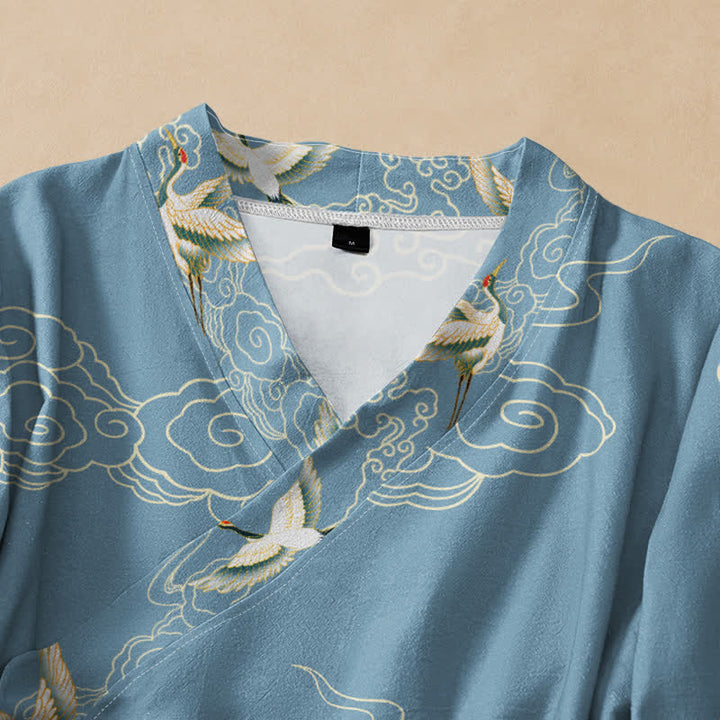 Buddha Stones Camicia da donna a maniche lunghe con scollo a V e allacciatura, in stile Hanfu, con stampa di gru e nuvole, in cotone. - image 2