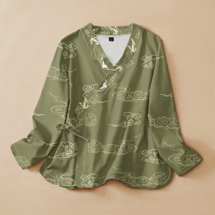 Buddha Stones Camicia da donna a maniche lunghe con scollo a V e allacciatura, in stile Hanfu, con stampa di gru e nuvole, in cotone. - Oliva - US16, UK/AU20, EU48 (3XL) - image 5