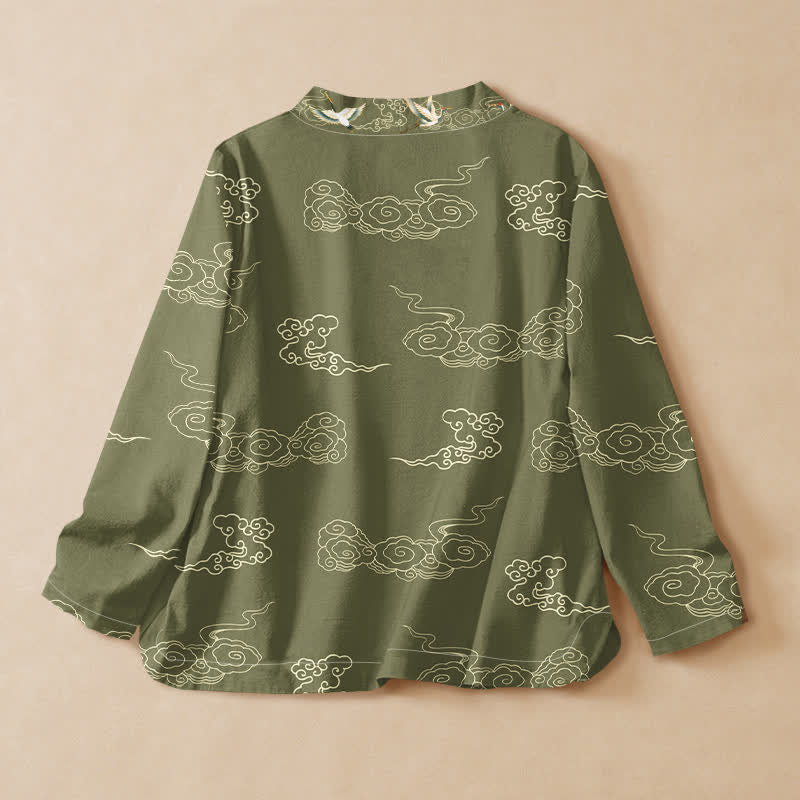 Buddha Stones Camicia da donna a maniche lunghe con scollo a V e allacciatura, in stile Hanfu, con stampa di gru e nuvole, in cotone. - image 6
