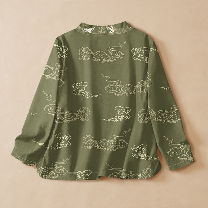 Buddha Stones Camicia da donna a maniche lunghe con scollo a V e allacciatura, in stile Hanfu, con stampa di gru e nuvole, in cotone. - image 6