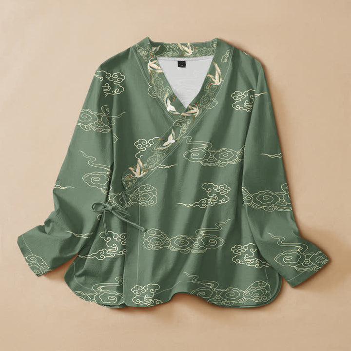 Buddha Stones Camicia da donna a maniche lunghe con scollo a V e allacciatura, in stile Hanfu, con stampa di gru e nuvole, in cotone. - Verde mare - US16, UK/AU20, EU48 (3XL) - image 7