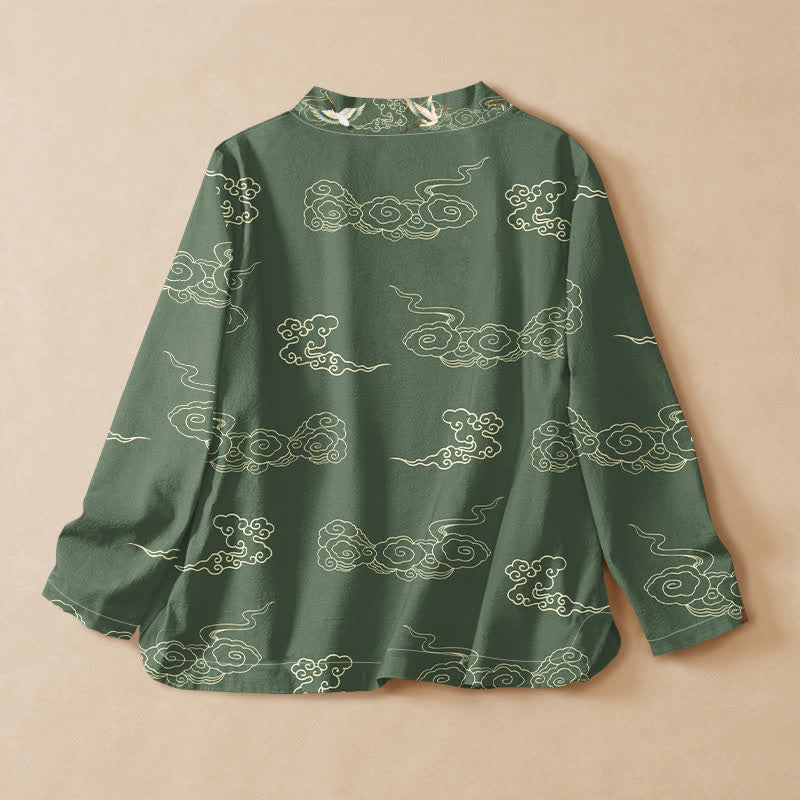 Buddha Stones Camicia da donna a maniche lunghe con scollo a V e allacciatura, in stile Hanfu, con stampa di gru e nuvole, in cotone. - image 8