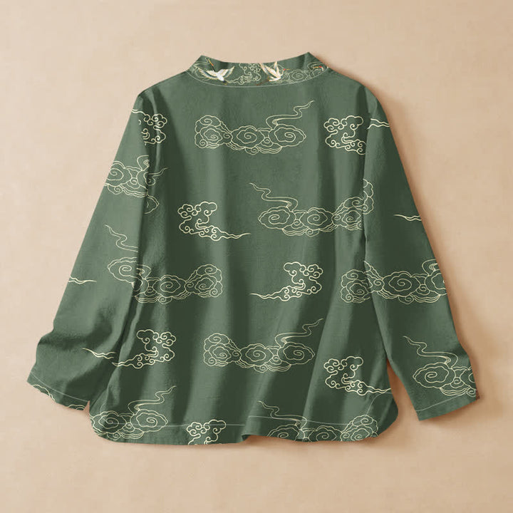 Buddha Stones Camicia da donna a maniche lunghe con scollo a V e allacciatura, in stile Hanfu, con stampa di gru e nuvole, in cotone. - image 8