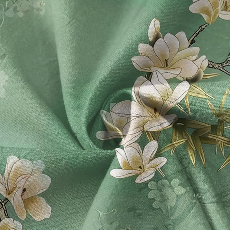 Buddha Stones Camicia da donna a maniche lunghe con scollo a V e allacciatura, in stile Hanfu, con stampa a ventaglio di magnolie e bambù, in cotone. - image 4