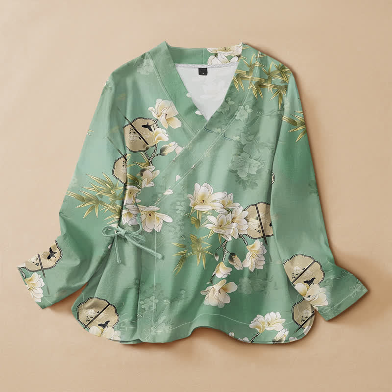Buddha Stones Camicia da donna a maniche lunghe con scollo a V e allacciatura, in stile Hanfu, con stampa a ventaglio di magnolie e bambù, in cotone. - Acquamarina media - US16, UK/AU20, EU48 (3XL) - image 0