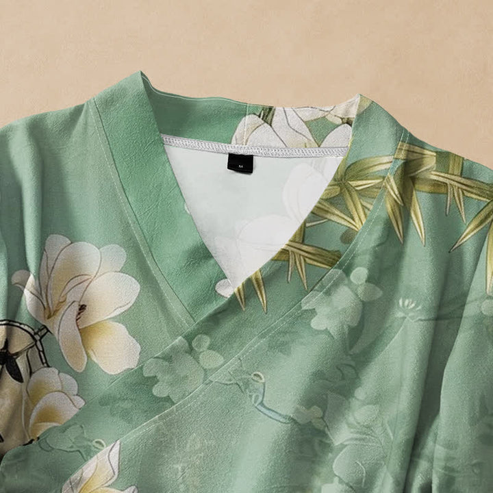 Buddha Stones Camicia da donna a maniche lunghe con scollo a V e allacciatura, in stile Hanfu, con stampa a ventaglio di magnolie e bambù, in cotone. - image 2