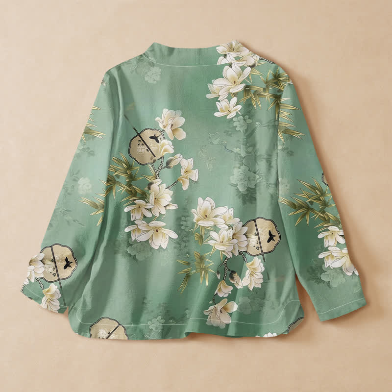 Buddha Stones Camicia da donna a maniche lunghe con scollo a V e allacciatura, in stile Hanfu, con stampa a ventaglio di magnolie e bambù, in cotone. - image 1