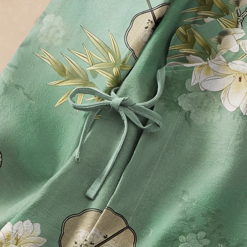 Buddha Stones Camicia da donna a maniche lunghe con scollo a V e allacciatura, in stile Hanfu, con stampa a ventaglio di magnolie e bambù, in cotone. - image 3