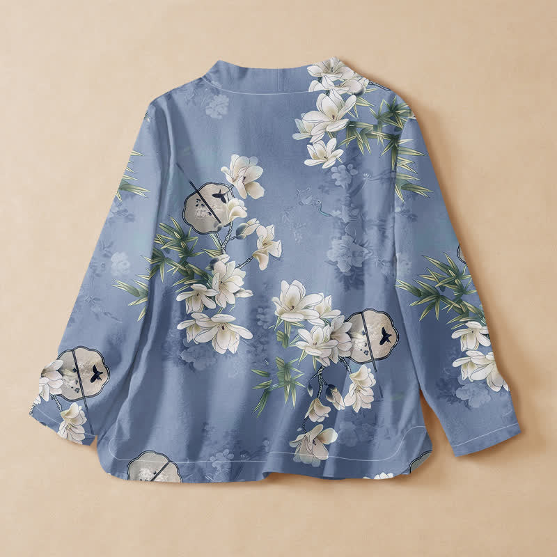 Buddha Stones Camicia da donna a maniche lunghe con scollo a V e allacciatura, in stile Hanfu, con stampa a ventaglio di magnolie e bambù, in cotone. - image 6