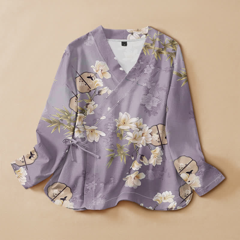 Buddha Stones Camicia da donna a maniche lunghe con scollo a V e allacciatura, in stile Hanfu, con stampa a ventaglio di magnolie e bambù, in cotone. - Lavanda - US16, UK/AU20, EU48 (3XL) - image 7