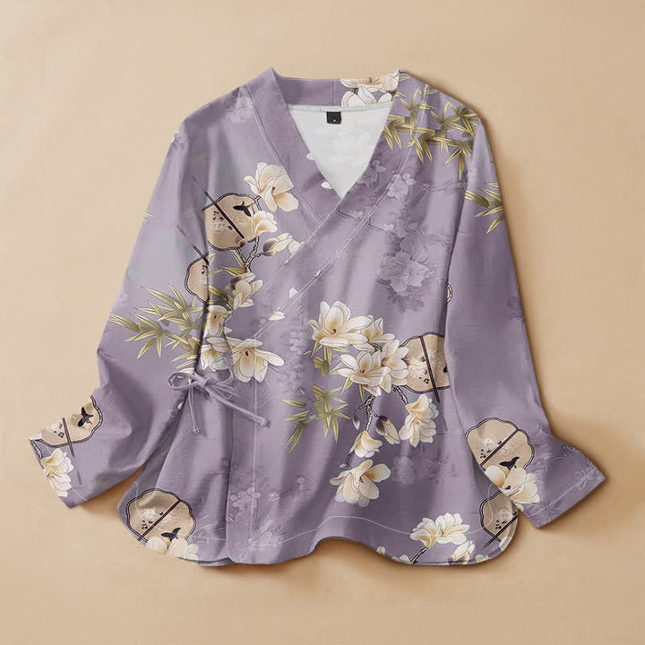 Buddha Stones Camicia da donna a maniche lunghe con scollo a V e allacciatura, in stile Hanfu, con stampa a ventaglio di magnolie e bambù, in cotone. - Lavanda - US16, UK/AU20, EU48 (3XL) - image 7
