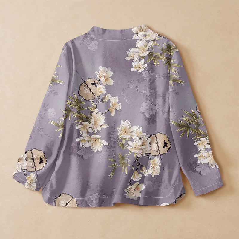 Buddha Stones Camicia da donna a maniche lunghe con scollo a V e allacciatura, in stile Hanfu, con stampa a ventaglio di magnolie e bambù, in cotone. - image 8