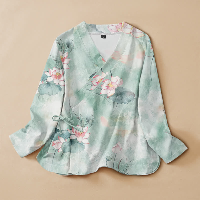 Kimono da donna a maniche lunghe con scollo a V e allacciatura, in cotone con stampa di fiori di loto Buddha Stones. - Turchese pallido - US16, UK/AU20, EU48 (3XL) - image 0