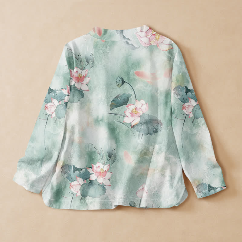 Kimono da donna a maniche lunghe con scollo a V e allacciatura, in cotone con stampa di fiori di loto Buddha Stones. - image 1