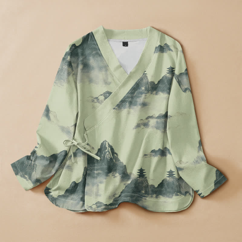 Buddha Stones Camicia da donna a maniche lunghe con scollo a V e allacciatura, in stile Hanfu, con stampa paesaggistica e pagoda su cotone. - Verde pallido - US16, UK/AU20, EU48 (3XL) - image 0