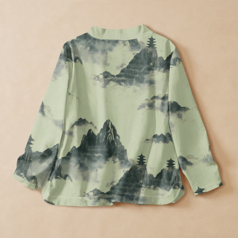 Buddha Stones Camicia da donna a maniche lunghe con scollo a V e allacciatura, in stile Hanfu, con stampa paesaggistica e pagoda su cotone. - image 1