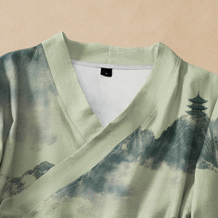 Kimono da donna a maniche lunghe con scollo a V e allacciatura, stampa paesaggio pagoda Buddha Stones in cotone. - image 2