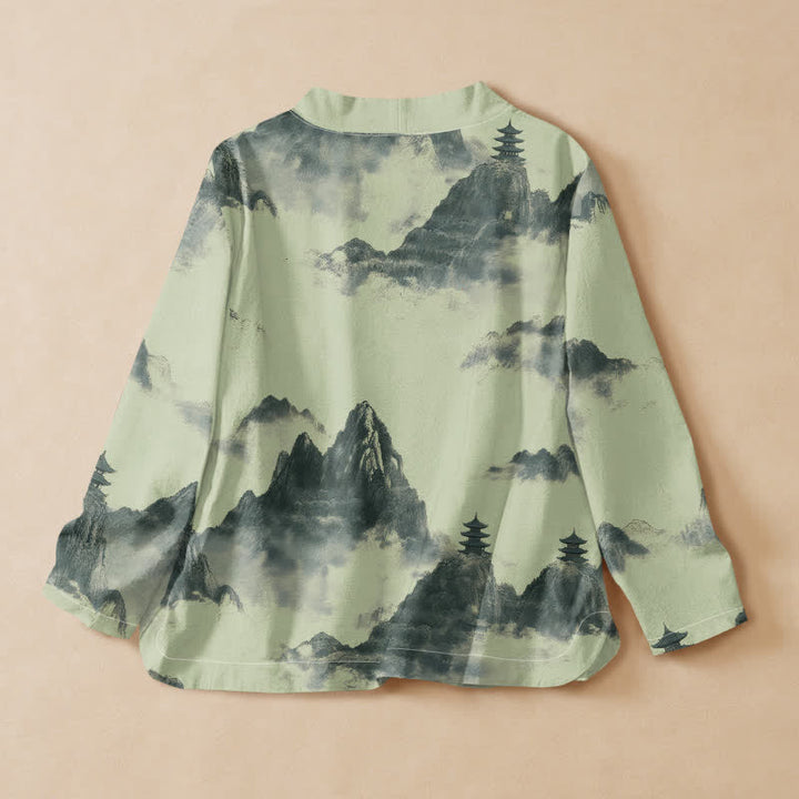 Kimono da donna a maniche lunghe con scollo a V e allacciatura, stampa paesaggio pagoda Buddha Stones in cotone. - image 1