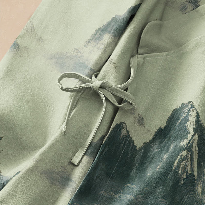 Buddha Stones Camicia da donna a maniche lunghe con scollo a V e allacciatura, in stile Hanfu, con stampa paesaggistica e pagoda su cotone. - image 3