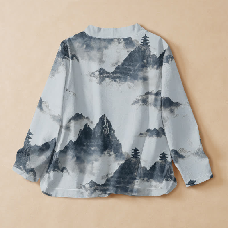 Buddha Stones Camicia da donna a maniche lunghe con scollo a V e allacciatura, in stile Hanfu, con stampa paesaggistica e pagoda su cotone. - image 6