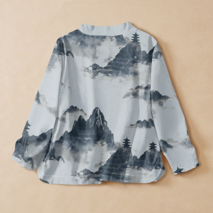 Buddha Stones Camicia da donna a maniche lunghe con scollo a V e allacciatura, in stile Hanfu, con stampa paesaggistica e pagoda su cotone. - image 6