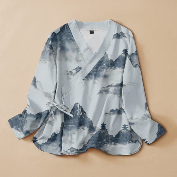 Buddha Stones Camicia da donna a maniche lunghe con scollo a V e allacciatura, in stile Hanfu, con stampa paesaggistica e pagoda su cotone. - Azzurro polvere - US16, UK/AU20, EU48 (3XL) - image 5
