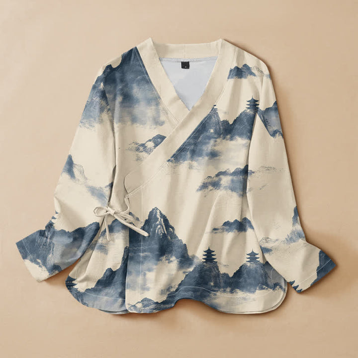 Buddha Stones Camicia da donna a maniche lunghe con scollo a V e allacciatura, in stile Hanfu, con stampa paesaggistica e pagoda su cotone. - Beige - US16, UK/AU20, EU48 (3XL) - image 7